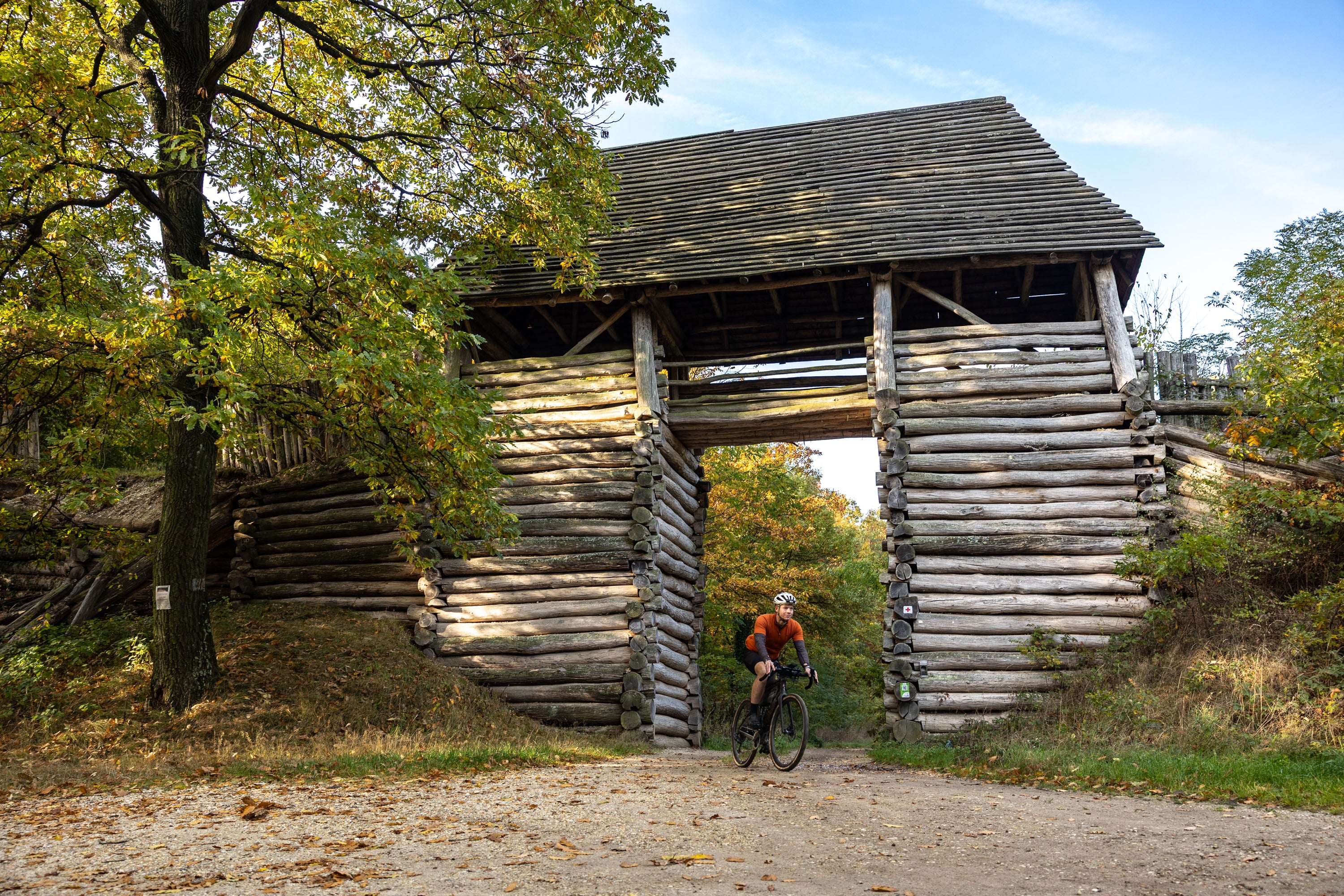 Person riding a bike through a wooden archway in a forested area.